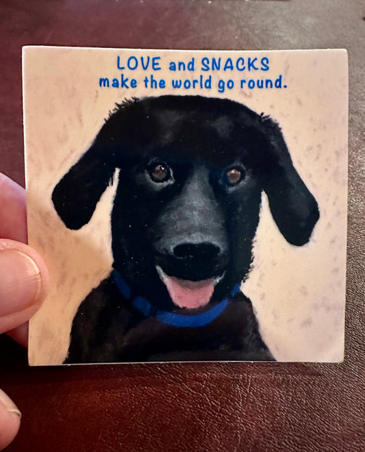 "LOVE and SNACKS Make the World Go Round" Black Labrador Dog Sticker